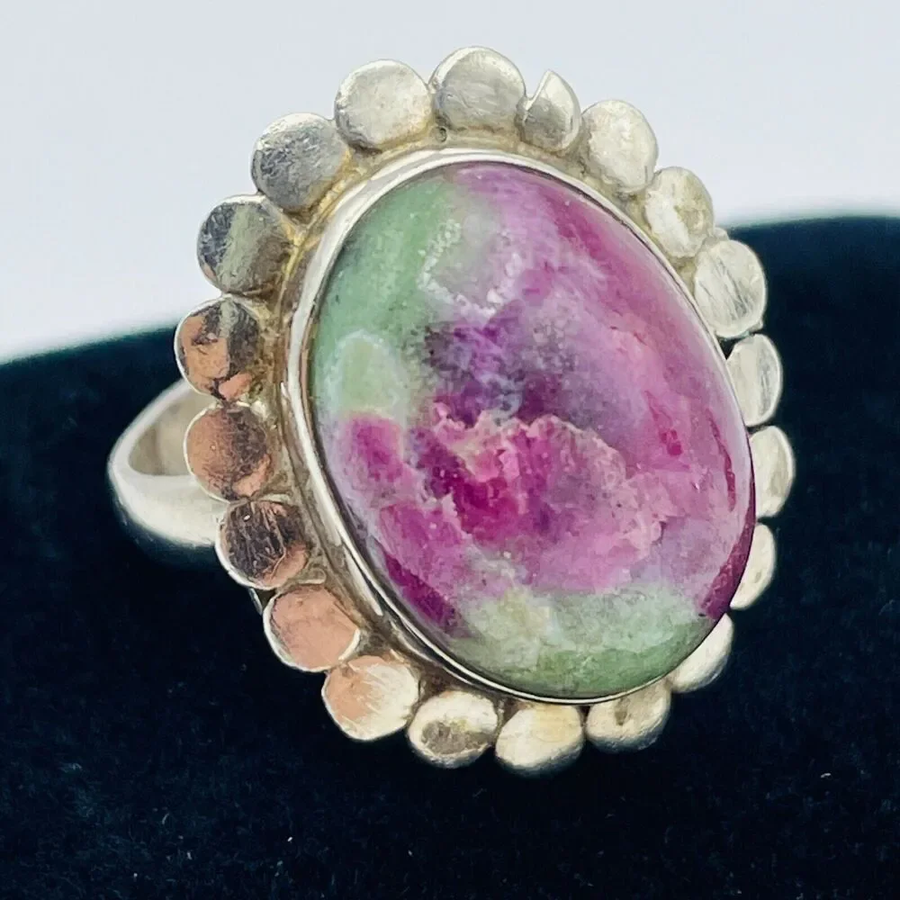 Ruby and Zoisite Gemstone Sterling Silver Ring US Size 6.75 Stamped 925 Colorful